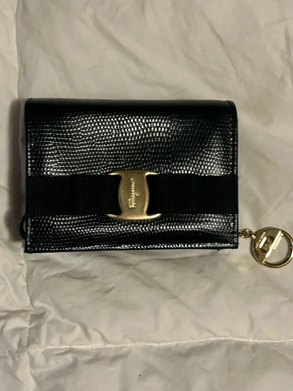 Salvatore Ferragamo Black Lizard-Embossed Vara Bow Keyring Wallet